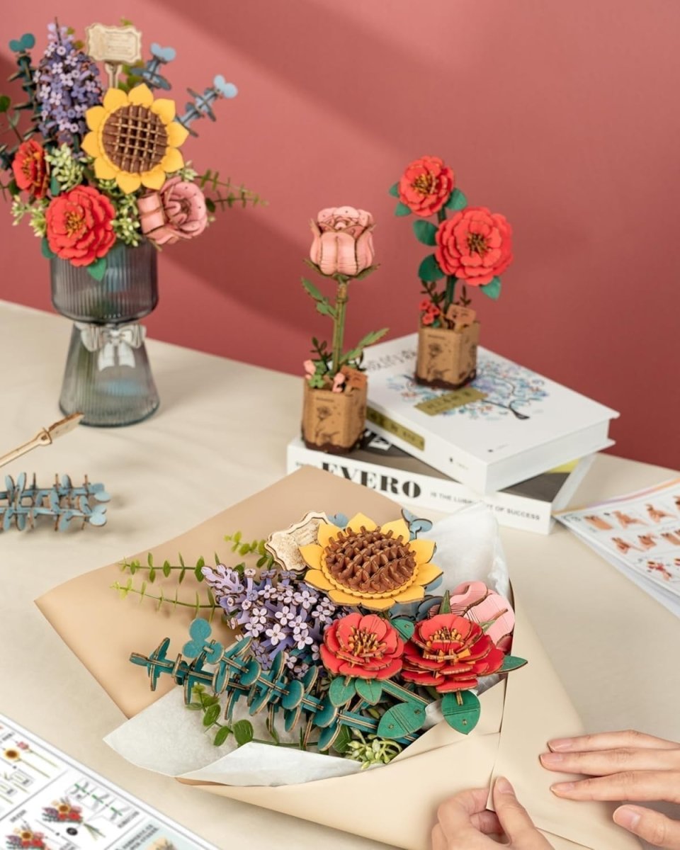 3D Wooden Flower Bouquet Puzzle DIY Floral Model Home Decor Gift Her - Kwikley