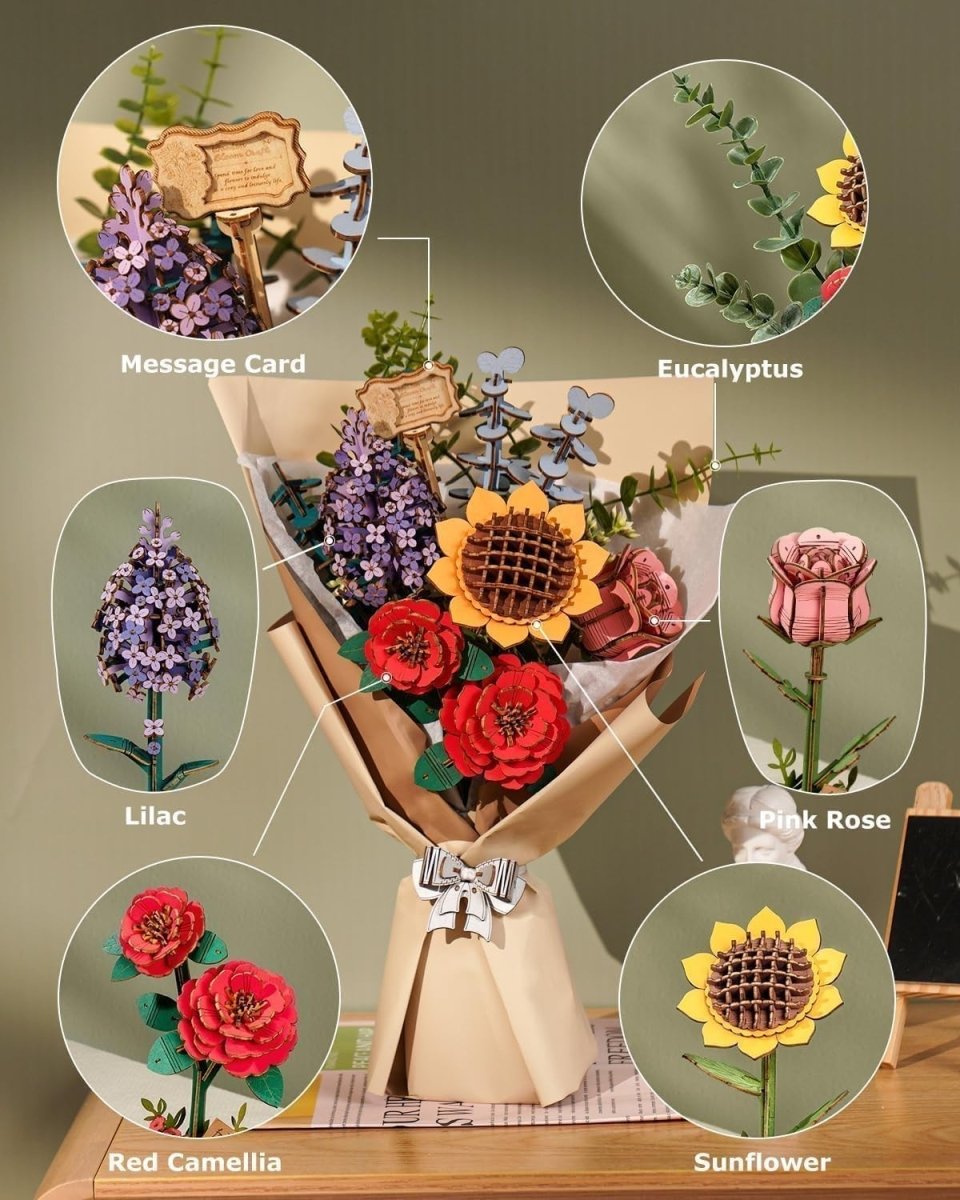 3D Wooden Flower Bouquet Puzzle DIY Floral Model Home Decor Gift Her - Kwikley