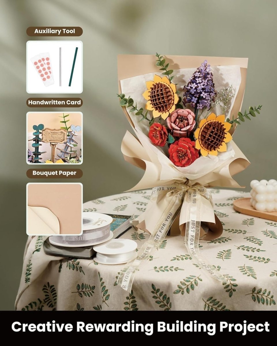 3D Wooden Flower Bouquet Puzzle DIY Floral Model Home Decor Gift Her - Kwikley