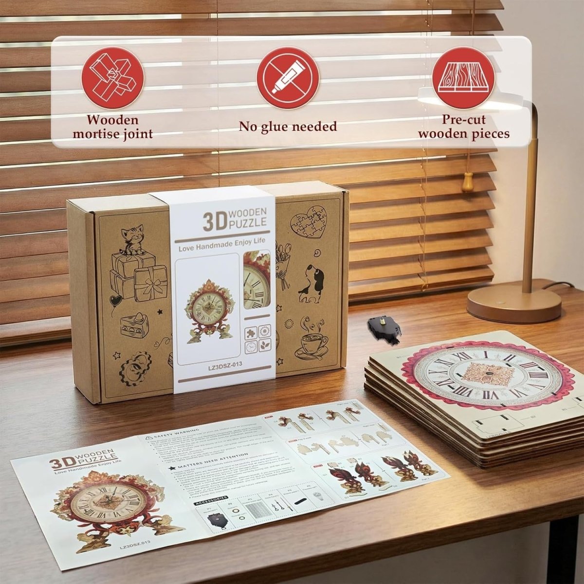 3D Wooden Flower Clock Puzzle DIY Mechanical Wall Clock Model Kit Gift - Kwikley