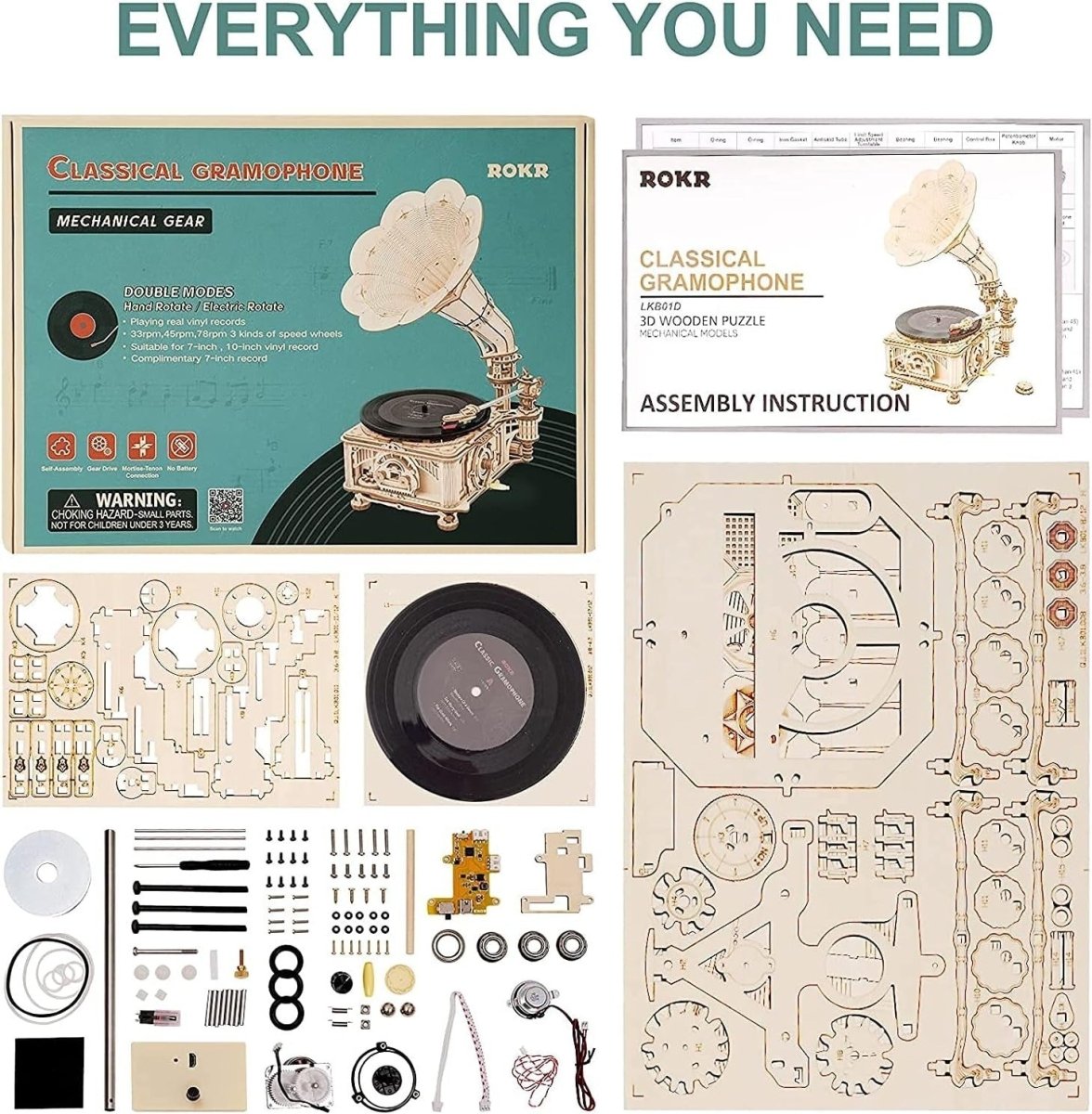 3D Wooden Gramophone Puzzle Music Box DIY Model Kit Retro Home Decor - Kwikley