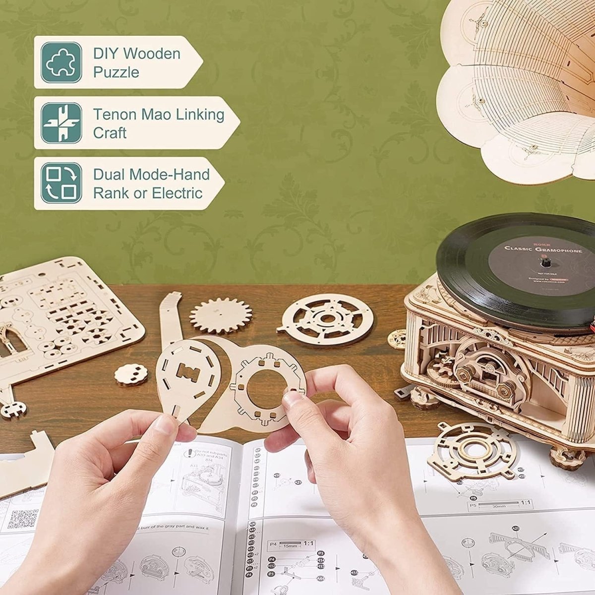 3D Wooden Gramophone Puzzle Music Box DIY Model Kit Retro Home Decor - Kwikley