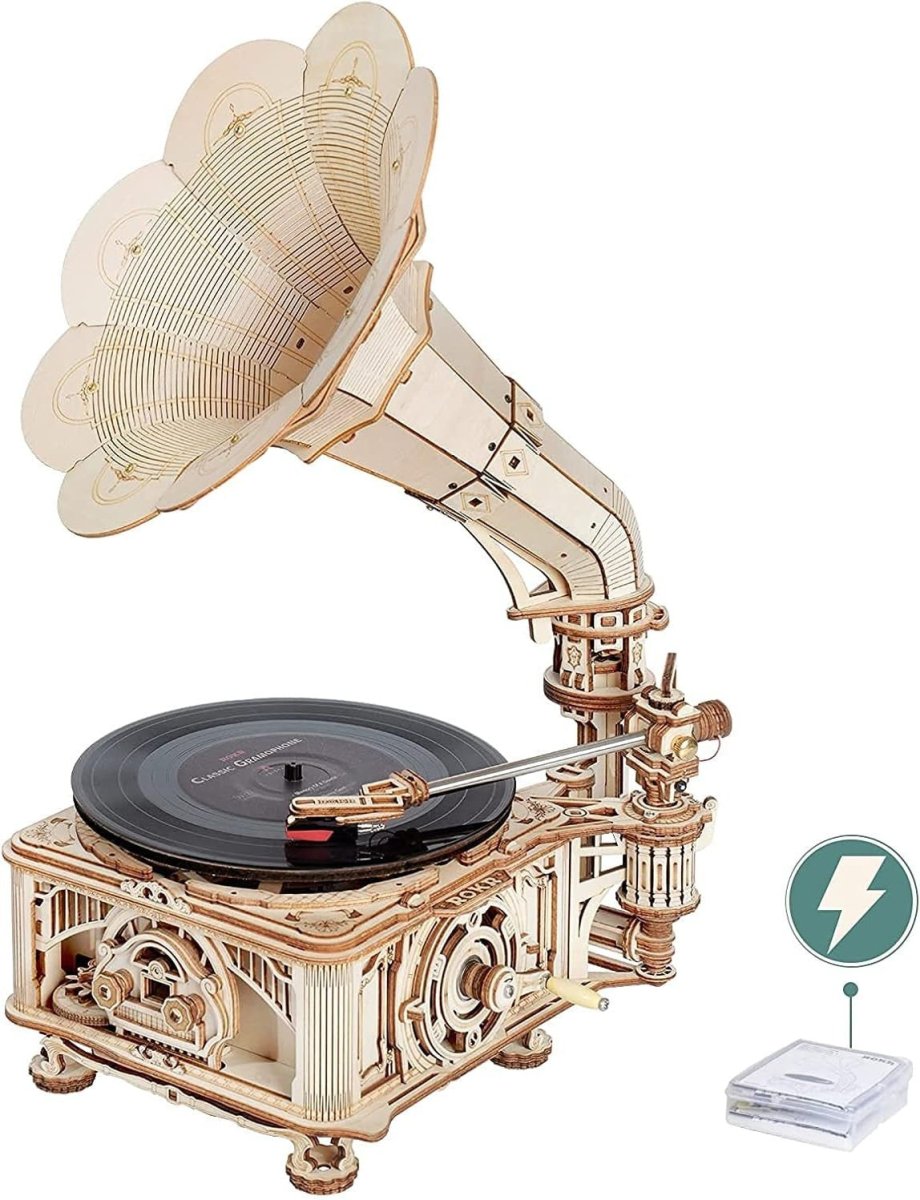 3D Wooden Gramophone Puzzle Music Box DIY Model Kit Retro Home Decor - Kwikley