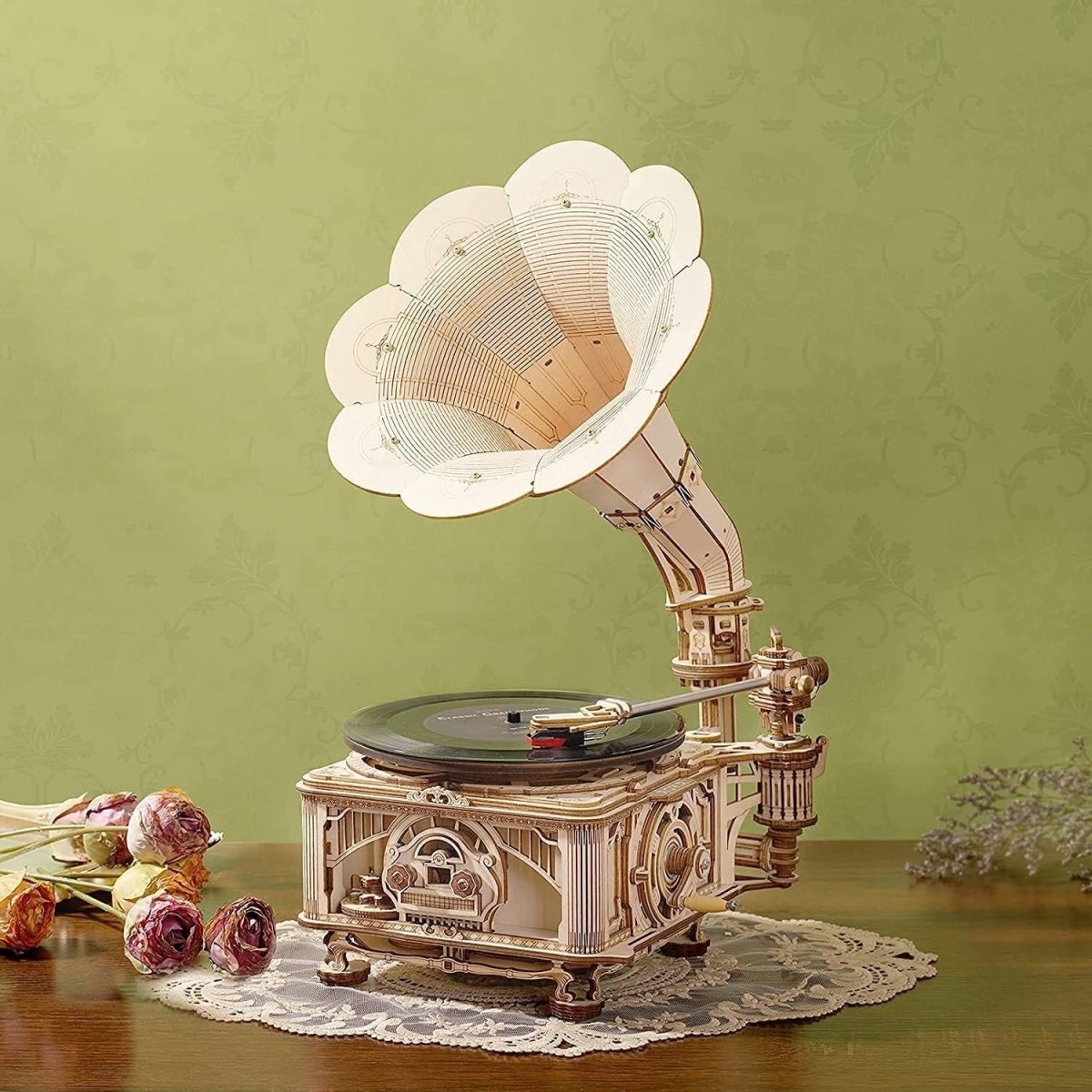 3D Wooden Gramophone Puzzle Music Box DIY Model Kit Retro Home Decor - Kwikley