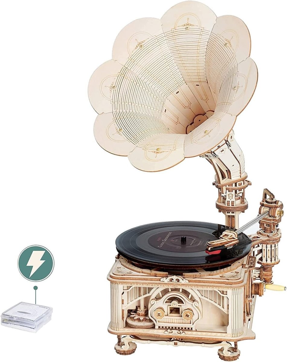 3D Wooden Gramophone Puzzle Music Box DIY Model Kit Retro Home Decor - Kwikley