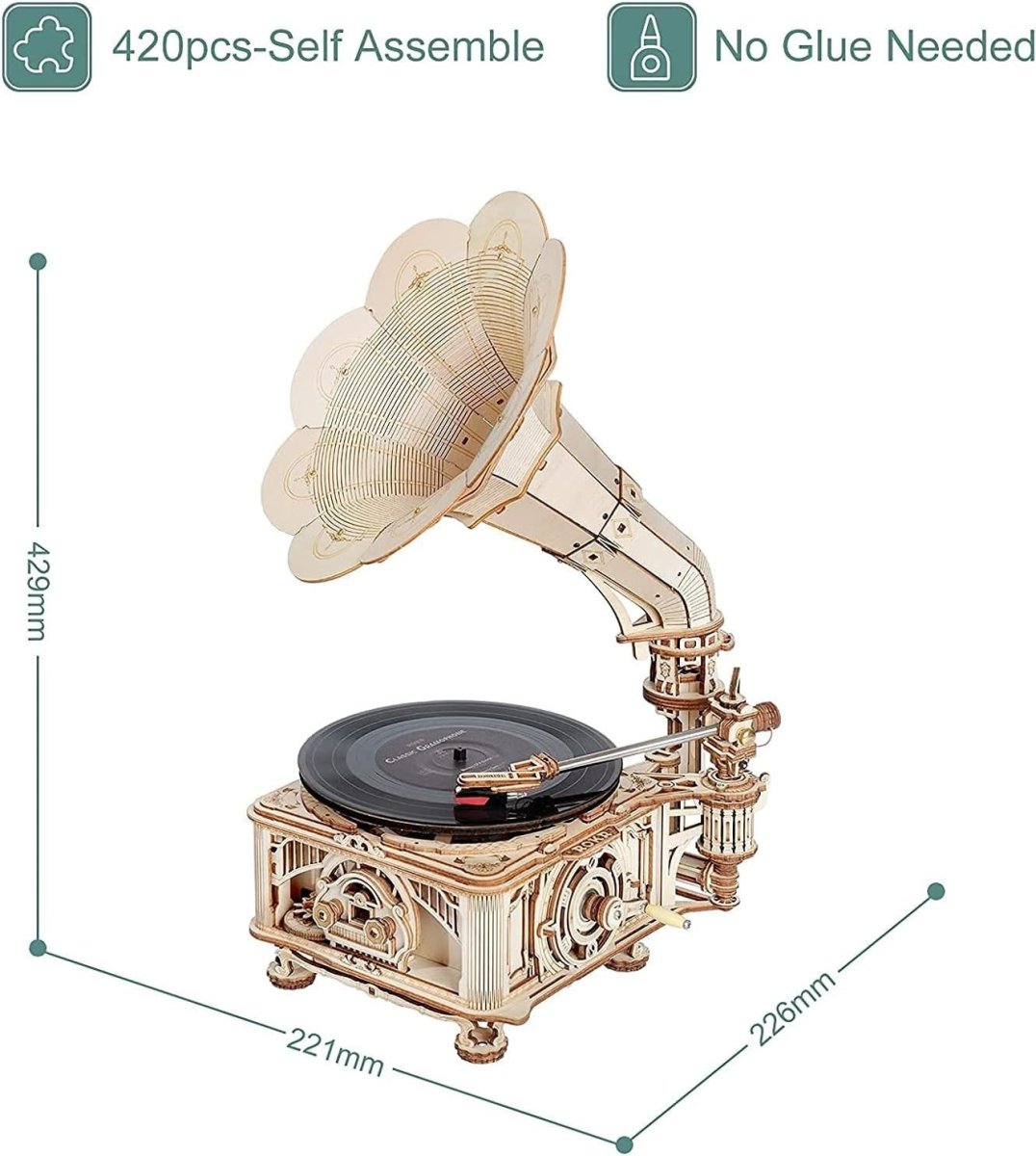 3D Wooden Gramophone Puzzle Music Box DIY Model Kit Retro Home Decor - Kwikley