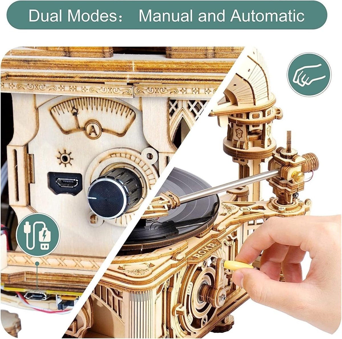 3D Wooden Gramophone Puzzle Music Box DIY Model Kit Retro Home Decor - Kwikley