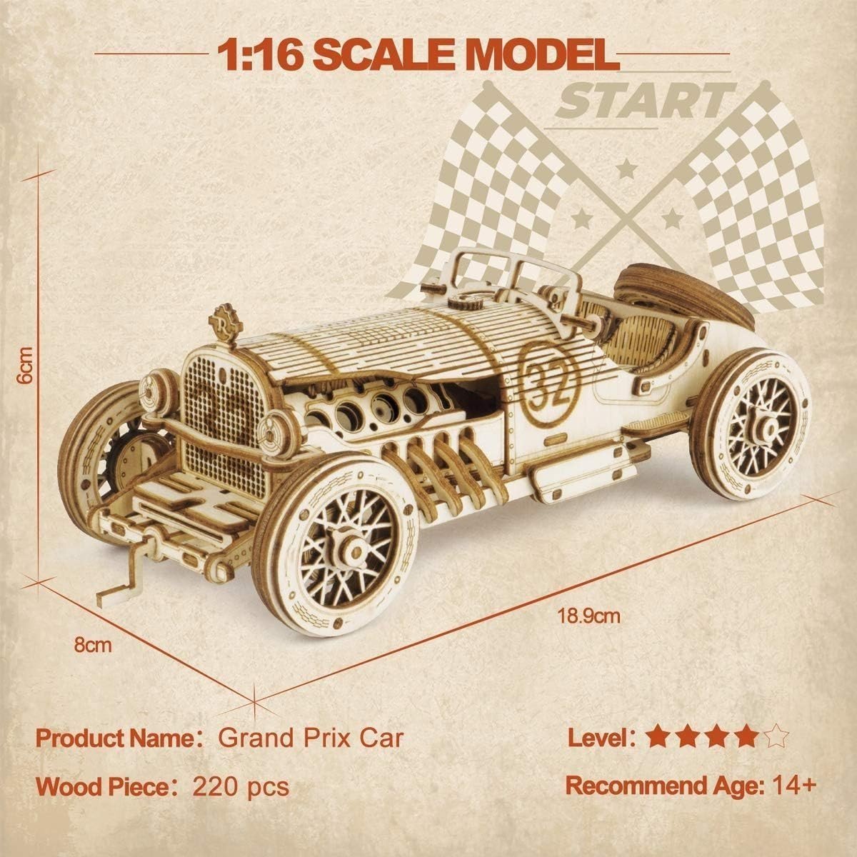 3D Wooden Grand Prix Car Model Kit 220 Piece DIY Puzzle Gift Adult - Kwikley