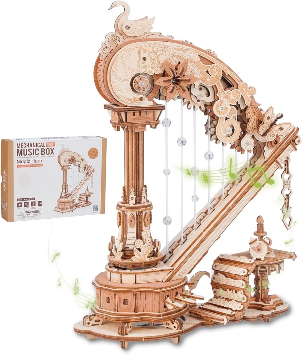 3D Wooden Harp Music Box DIY Mechanical Puzzle Model Kit Home Decor - Kwikley