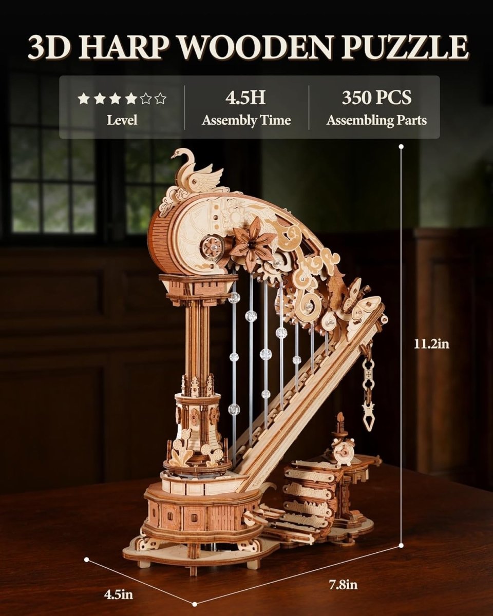3D Wooden Harp Music Box DIY Mechanical Puzzle Model Kit Home Decor - Kwikley