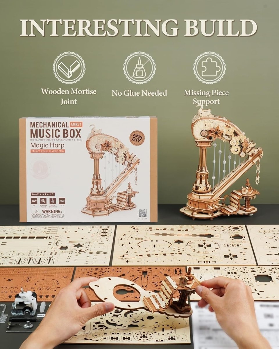 3D Wooden Harp Music Box DIY Mechanical Puzzle Model Kit Home Decor - Kwikley