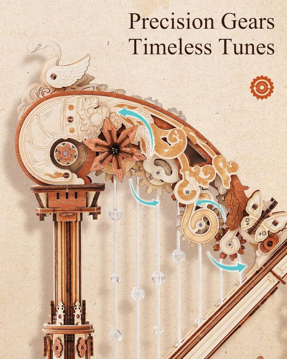3D Wooden Harp Music Box Puzzle DIY Mechanical Model Desk Decor Gift - Kwikley
