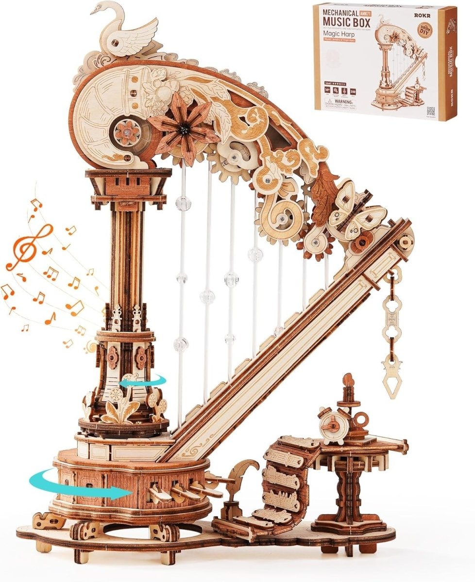 3D Wooden Harp Music Box Puzzle DIY Mechanical Model Desk Decor Gift - Kwikley