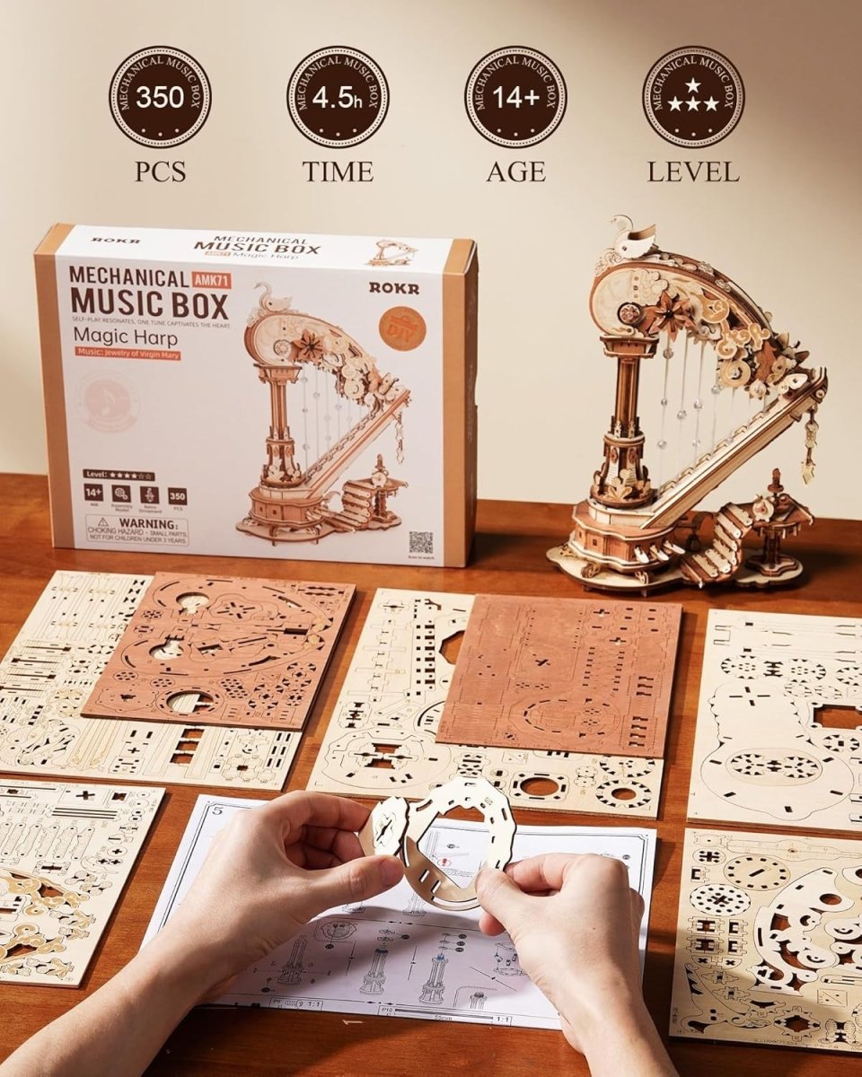 3D Wooden Harp Music Box Puzzle DIY Mechanical Model Desk Decor Gift - Kwikley