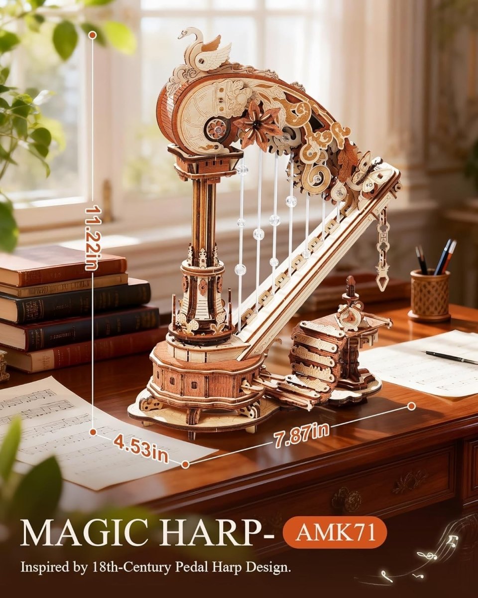 3D Wooden Harp Music Box Puzzle DIY Mechanical Model Desk Decor Gift - Kwikley