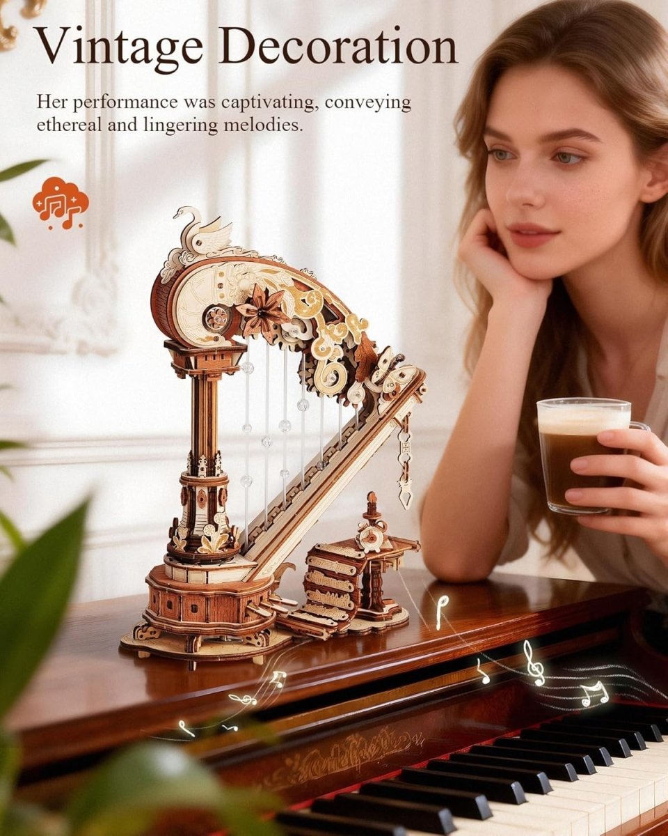 3D Wooden Harp Music Box Puzzle DIY Mechanical Model Desk Decor Gift - Kwikley
