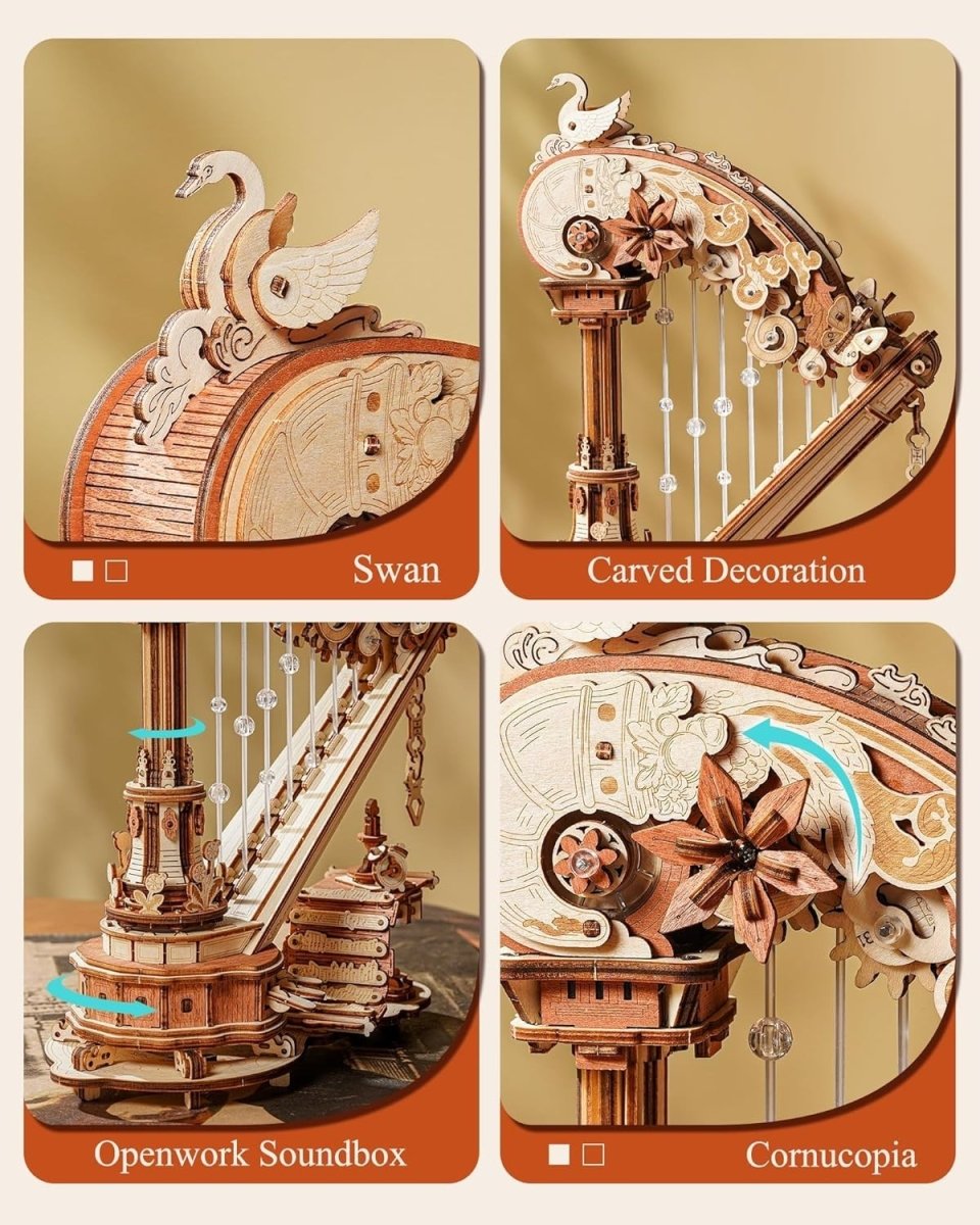 3D Wooden Harp Music Box Puzzle DIY Mechanical Model Desk Decor Gift - Kwikley