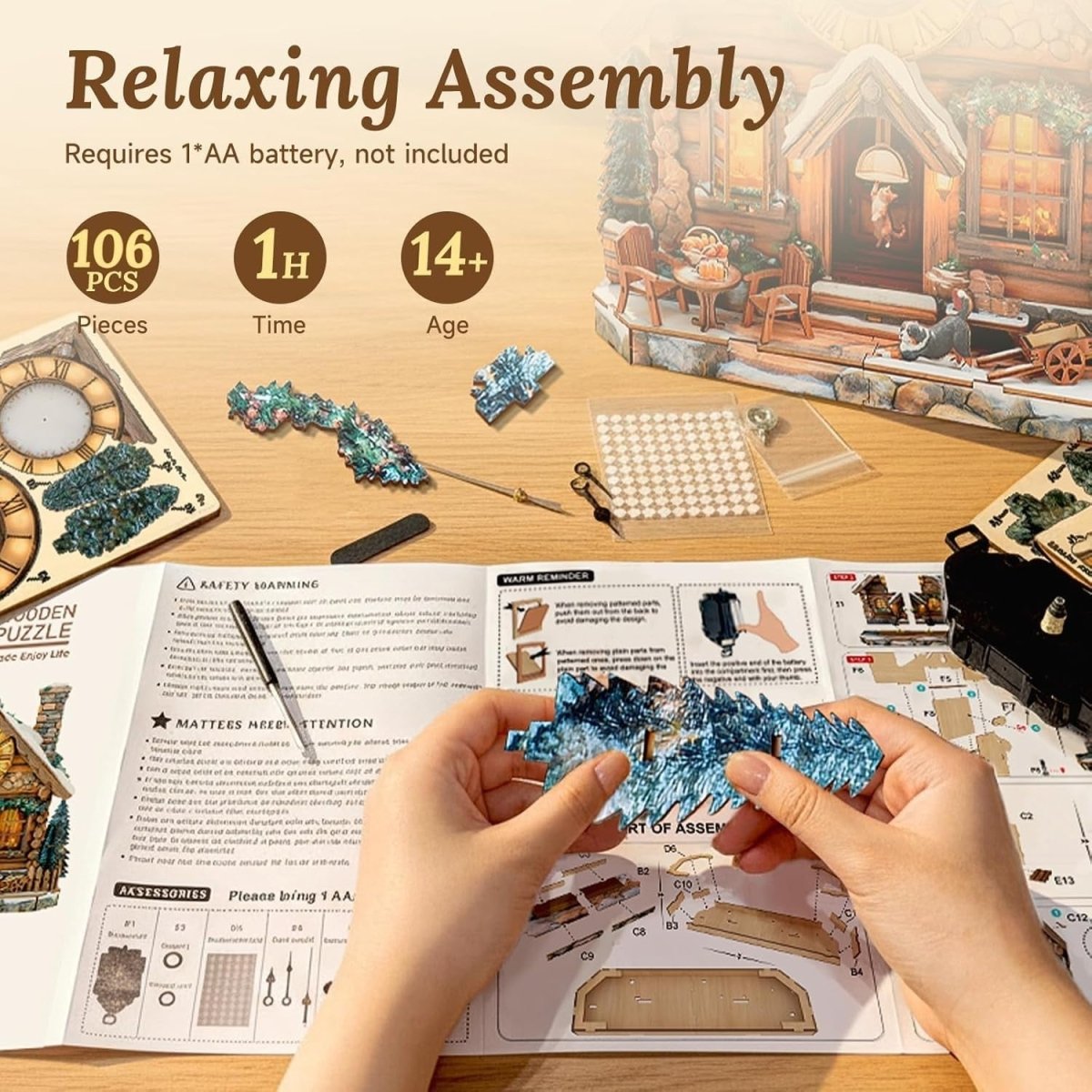 3D Wooden House Clock Puzzle DIY Functional Wall Clock Rustic Decor - Kwikley