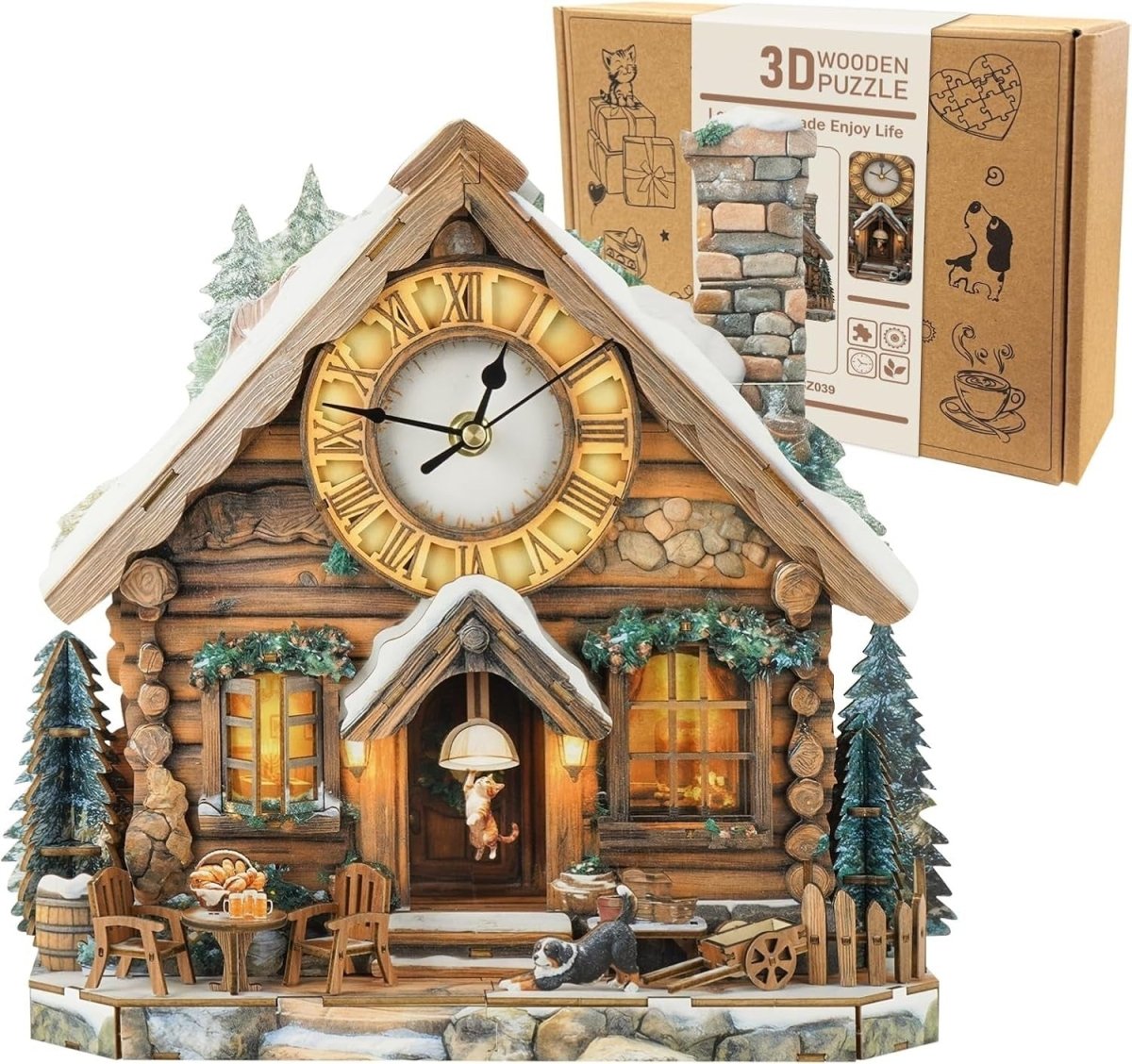 3D Wooden House Clock Puzzle DIY Functional Wall Clock Rustic Decor - Kwikley