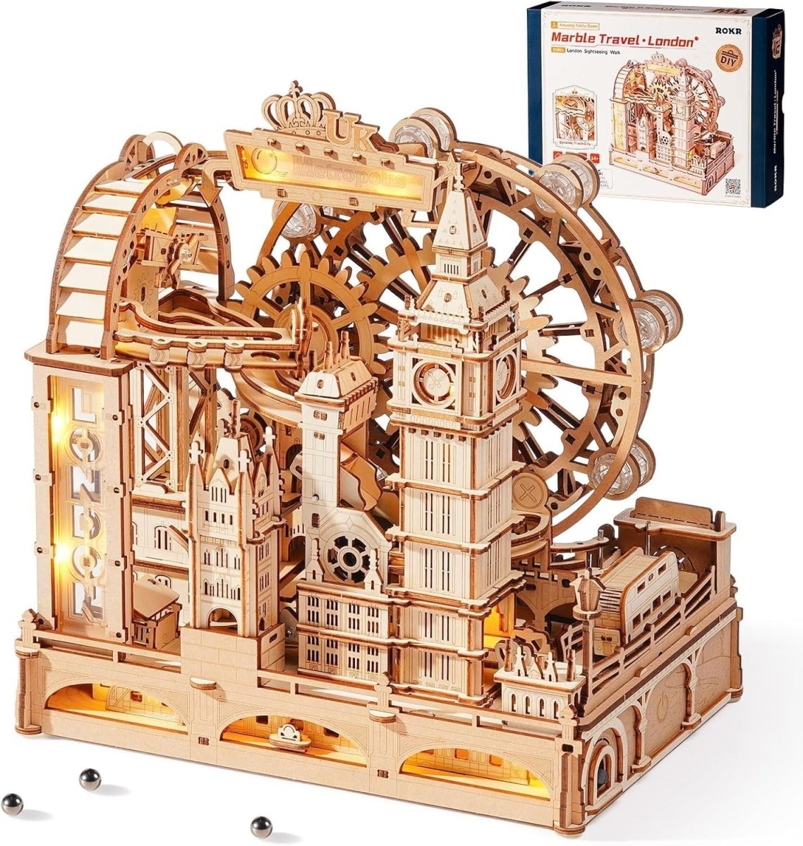 3D Wooden Marble Run London Model Kit LED Mechanical Puzzle 431Pc - Kwikley