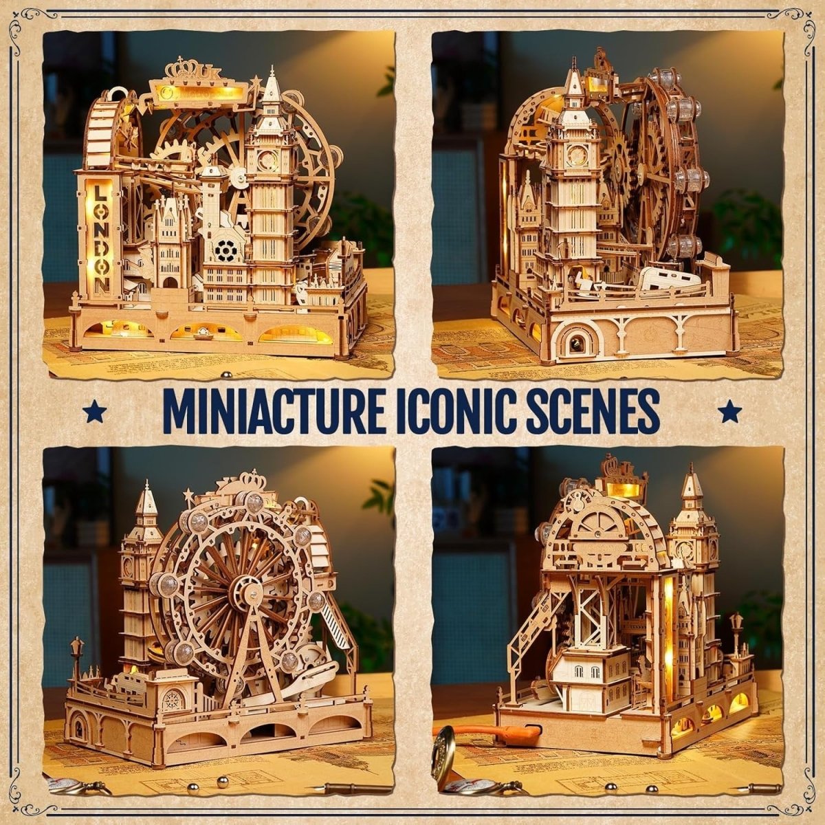3D Wooden Marble Run London Model Kit LED Mechanical Puzzle 431Pc - Kwikley