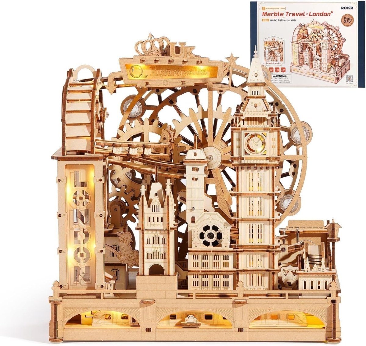 3D Wooden Marble Run London Model Kit LED Mechanical Puzzle 431Pc - Kwikley