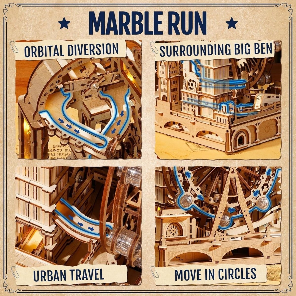 3D Wooden Marble Run London Model Kit LED Mechanical Puzzle 431Pc - Kwikley