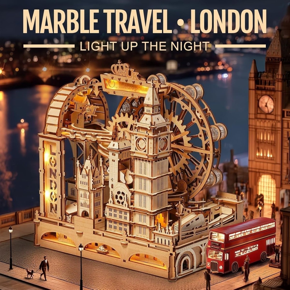 3D Wooden Marble Run London Model Kit LED Mechanical Puzzle 431Pc - Kwikley