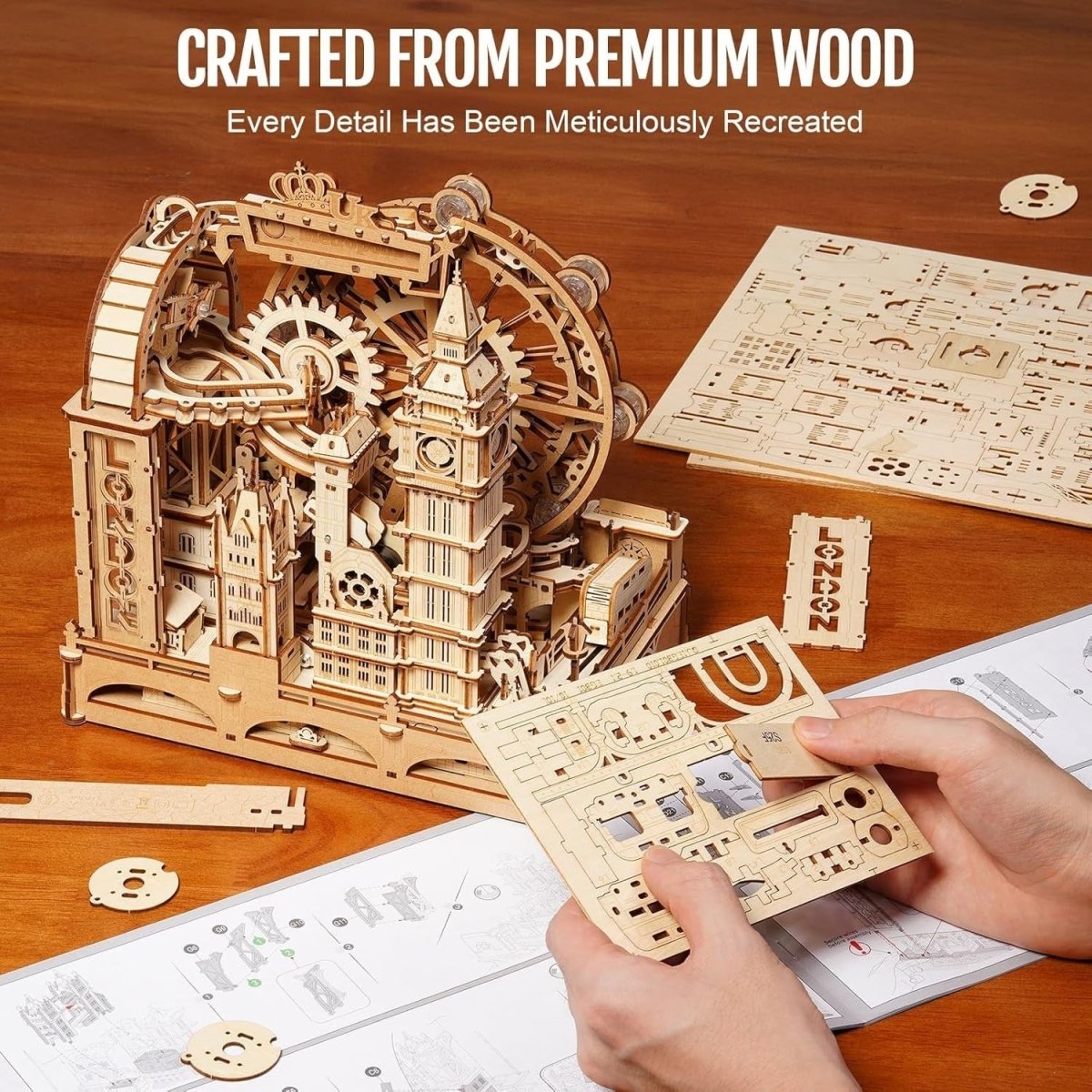 3D Wooden Marble Run London Model Kit LED Mechanical Puzzle 431Pc - Kwikley