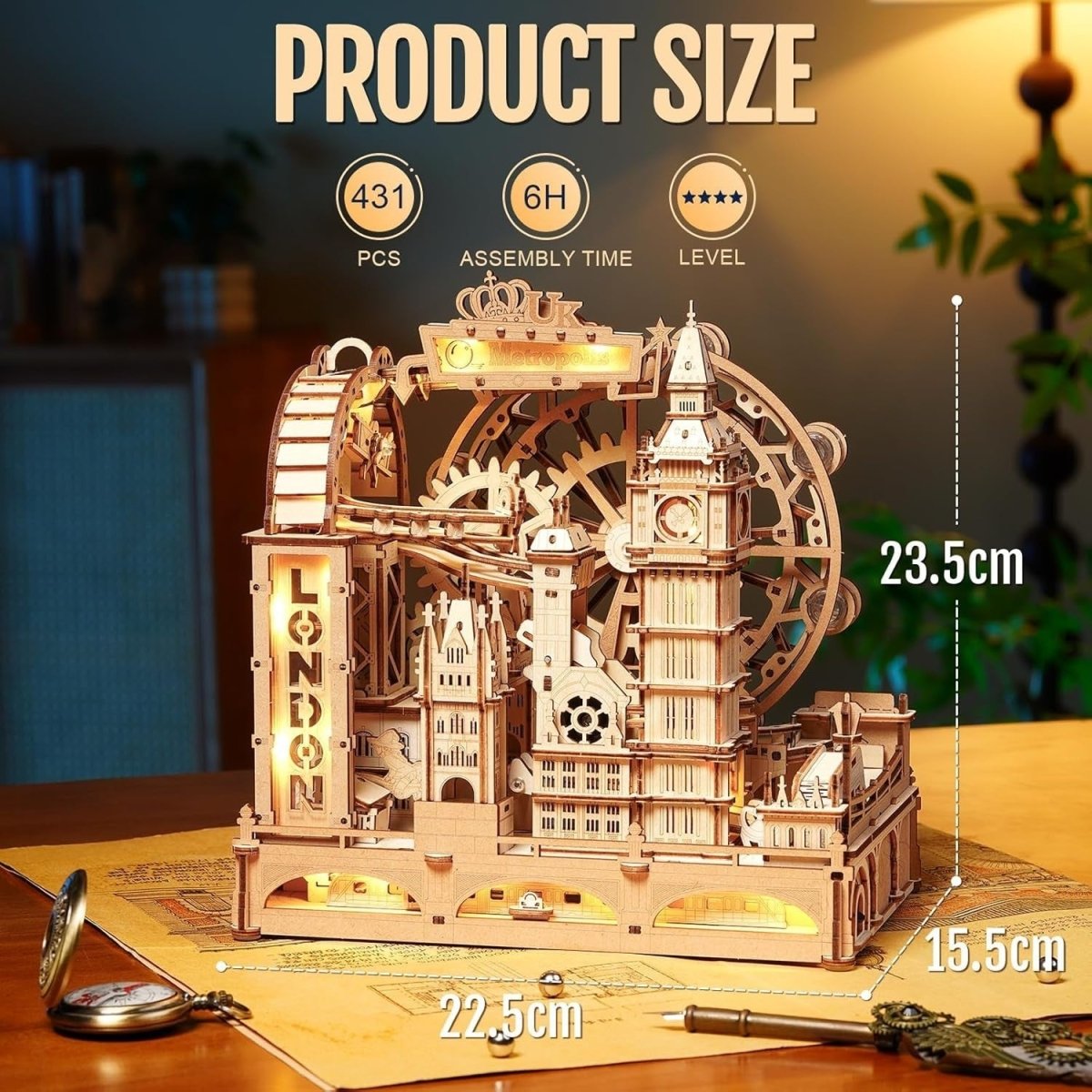 3D Wooden Marble Run London Model Kit LED Mechanical Puzzle 431Pc - Kwikley