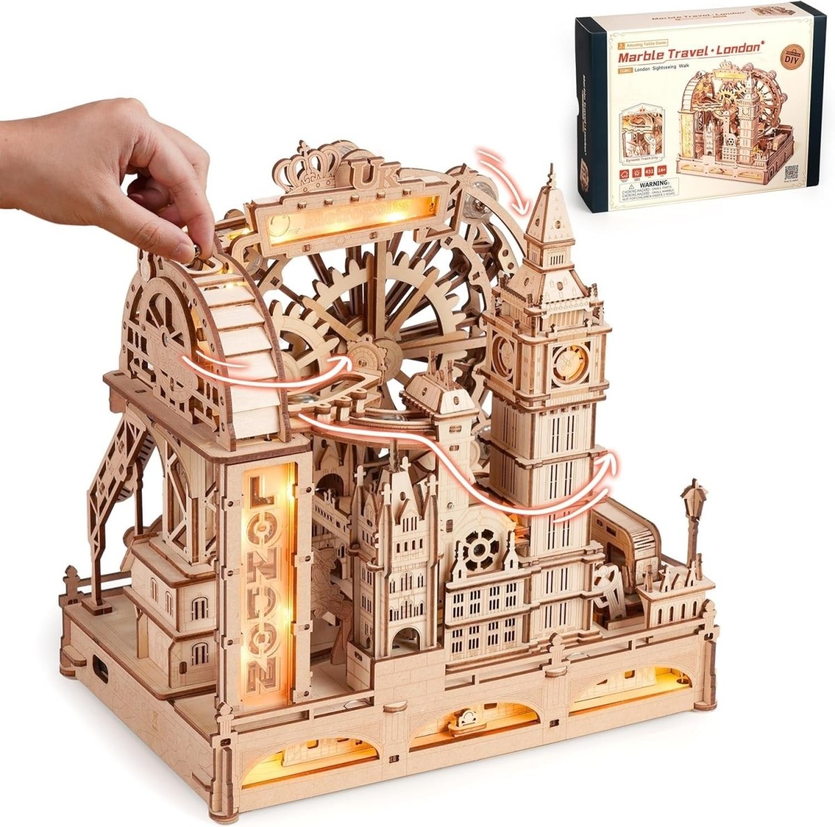 3D Wooden Marble Run London Model Kit with Lights 431 Piece DIY - Kwikley