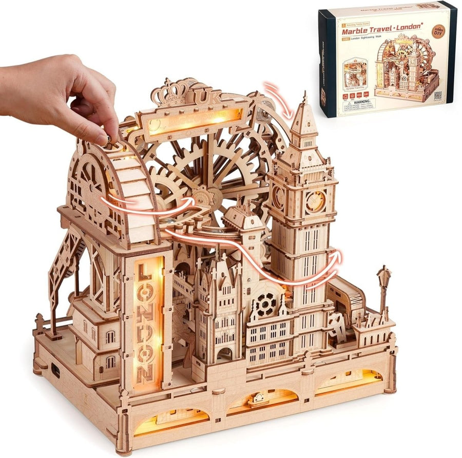 3D Wooden Marble Run London Model Kit with Lights 431 Piece DIY - Kwikley