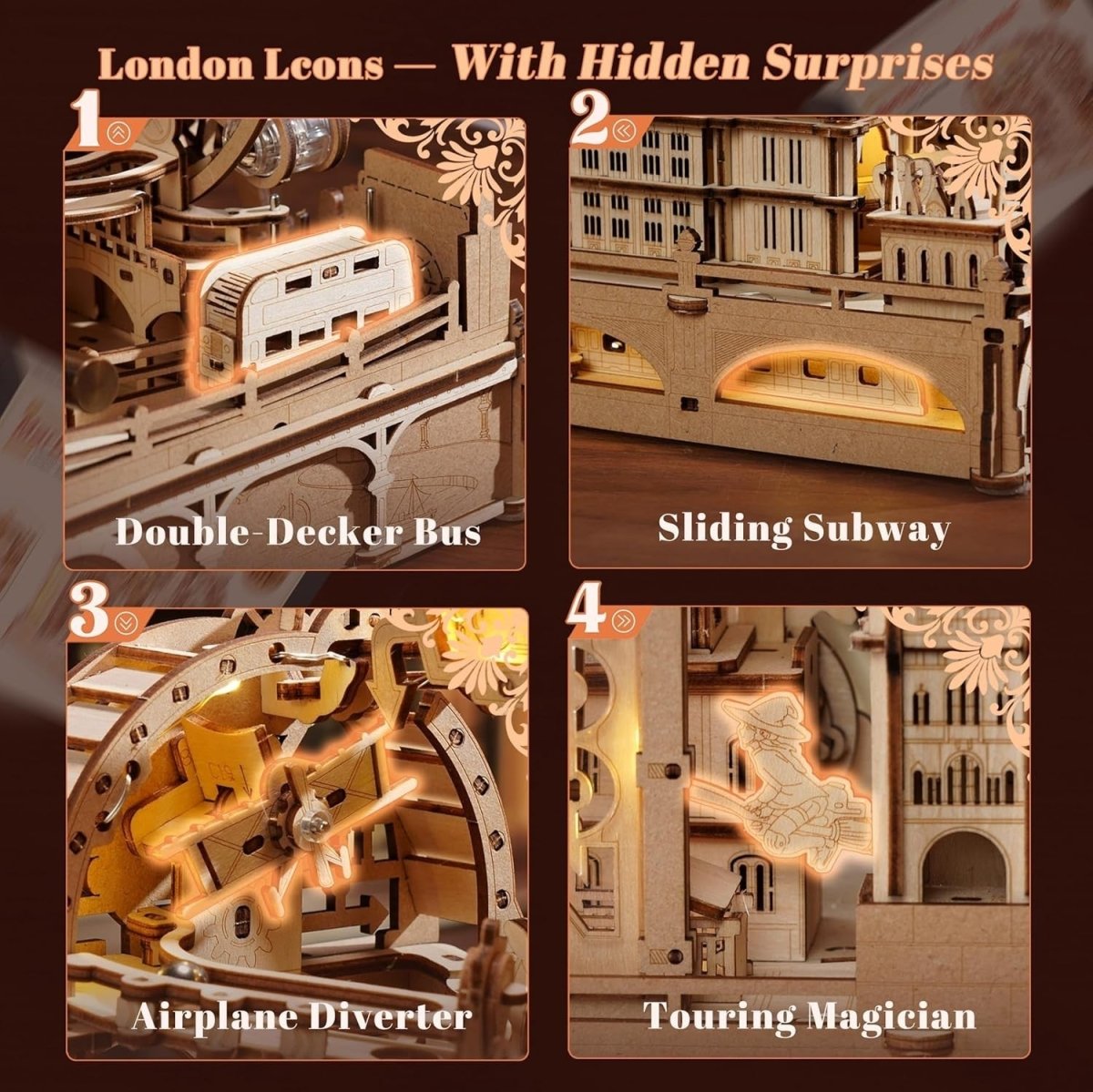 3D Wooden Marble Run London Model Kit with Lights 431 Piece DIY - Kwikley
