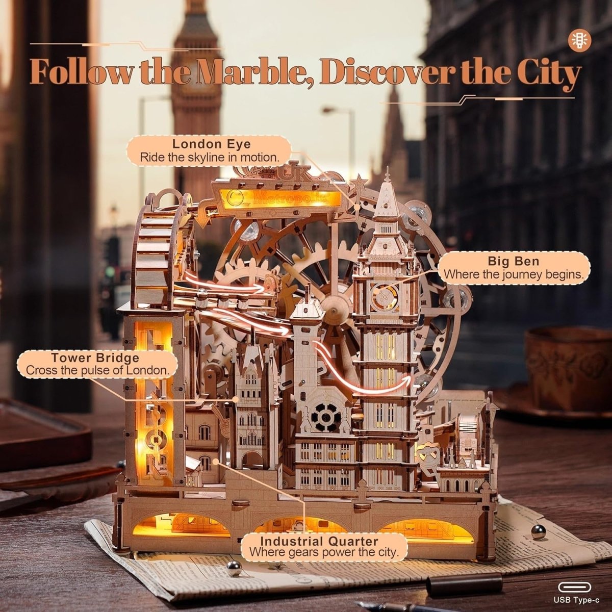3D Wooden Marble Run London Model Kit with Lights 431 Piece DIY - Kwikley