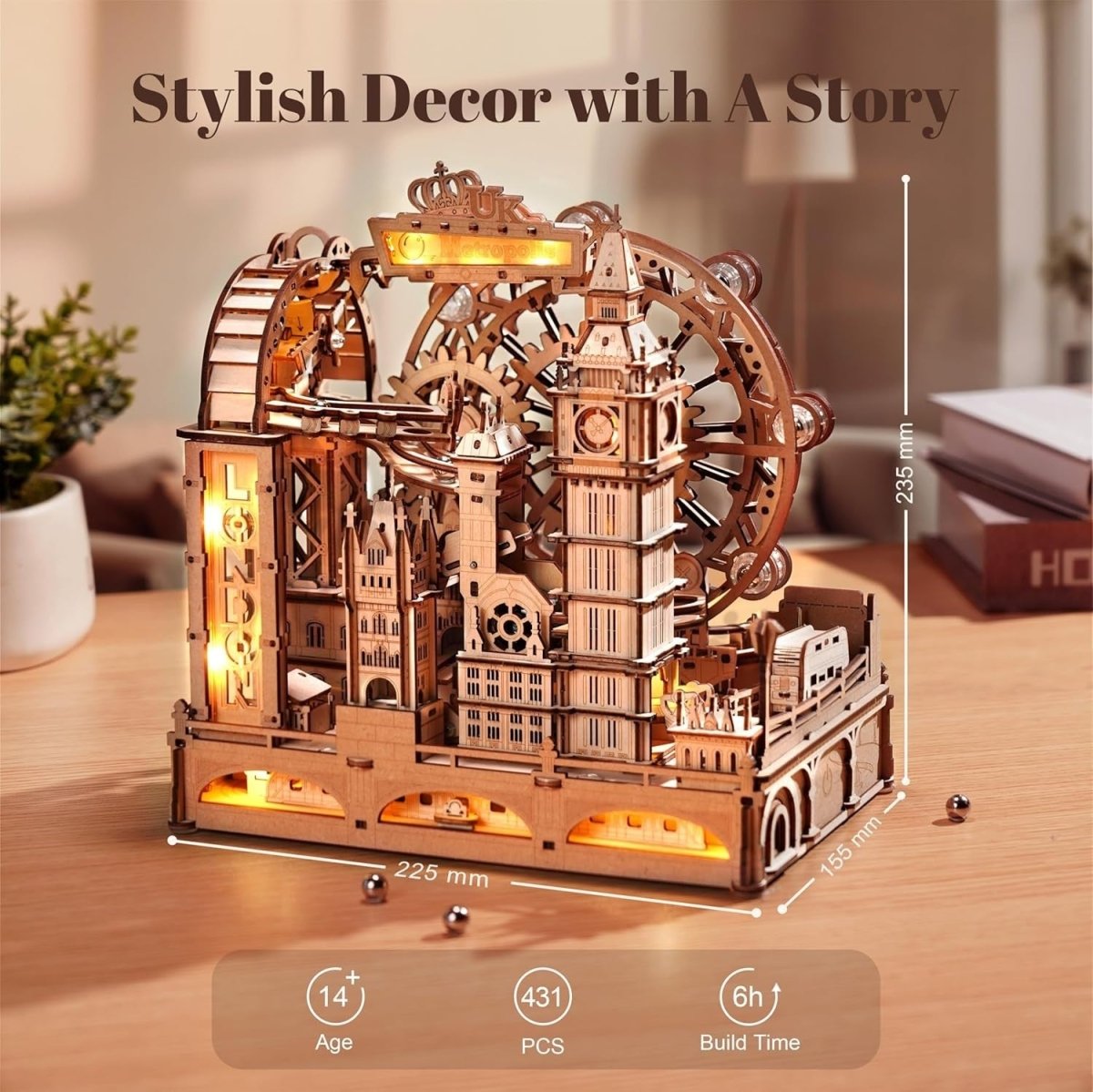 3D Wooden Marble Run London Model Kit with Lights 431 Piece DIY - Kwikley