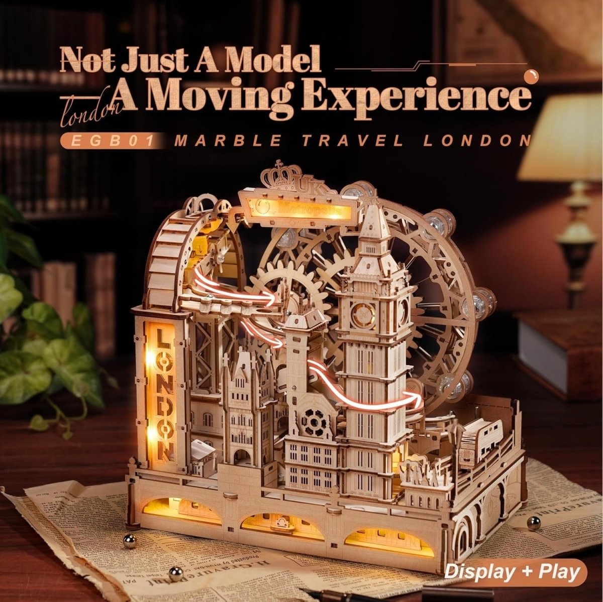 3D Wooden Marble Run London Model Kit with Lights 431 Piece DIY - Kwikley