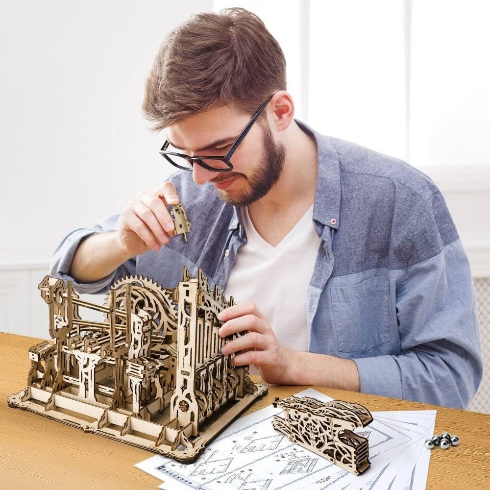 3D Wooden Marble Run Puzzle Mechanical Model Kit Hand Crank DIY Build - Kwikley