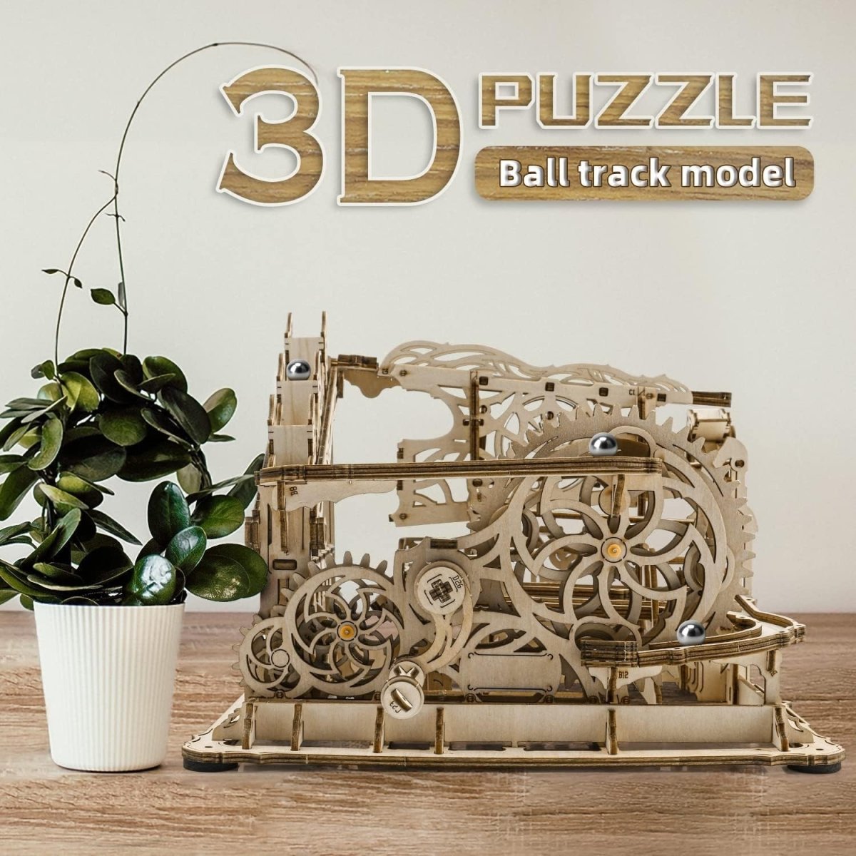 3D Wooden Marble Run Puzzle Mechanical Model Kit Hand Crank DIY Build - Kwikley