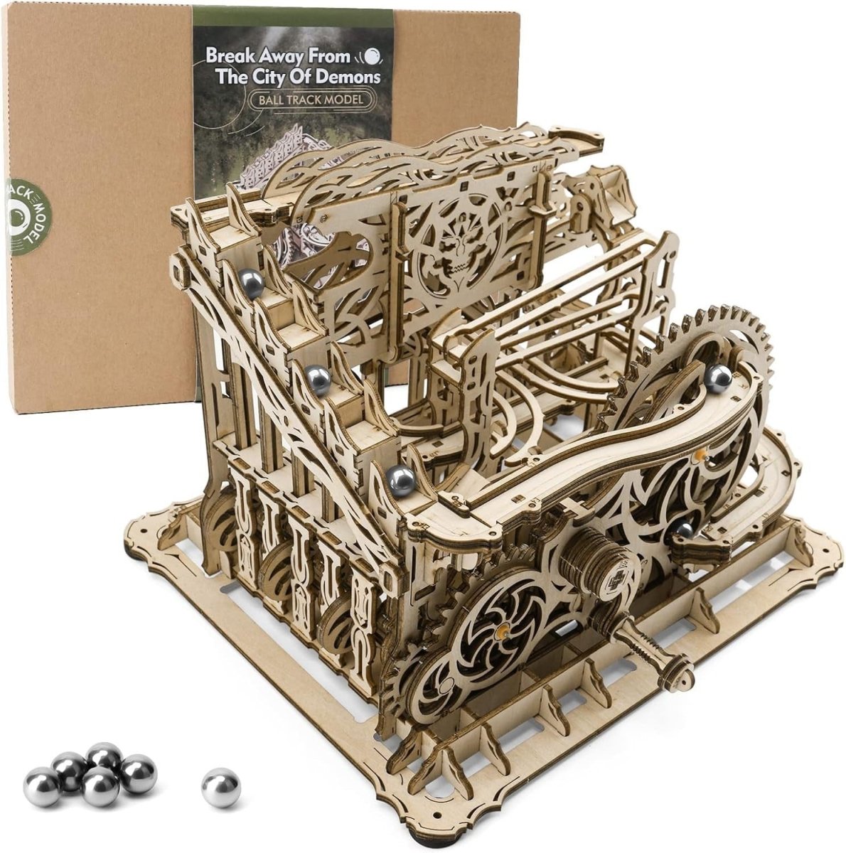 3D Wooden Marble Run Puzzle Mechanical Model Kit Hand Crank DIY Build - Kwikley