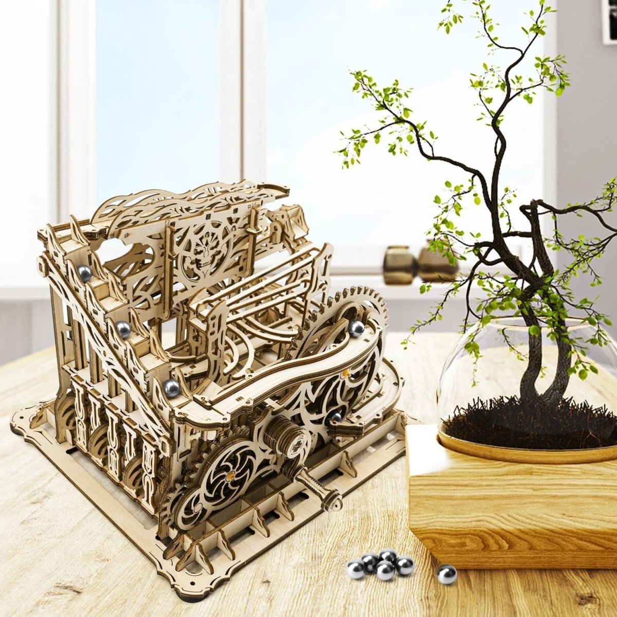 3D Wooden Marble Run Puzzle Mechanical Model Kit Hand Crank DIY Build - Kwikley