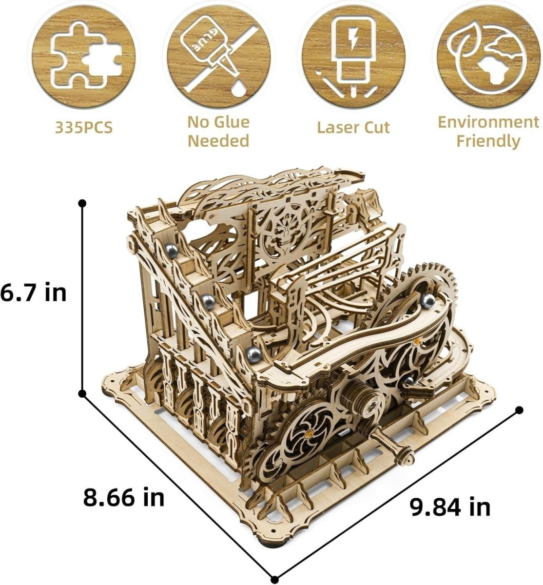 3D Wooden Marble Run Puzzle Mechanical Model Kit Hand Crank DIY Build - Kwikley