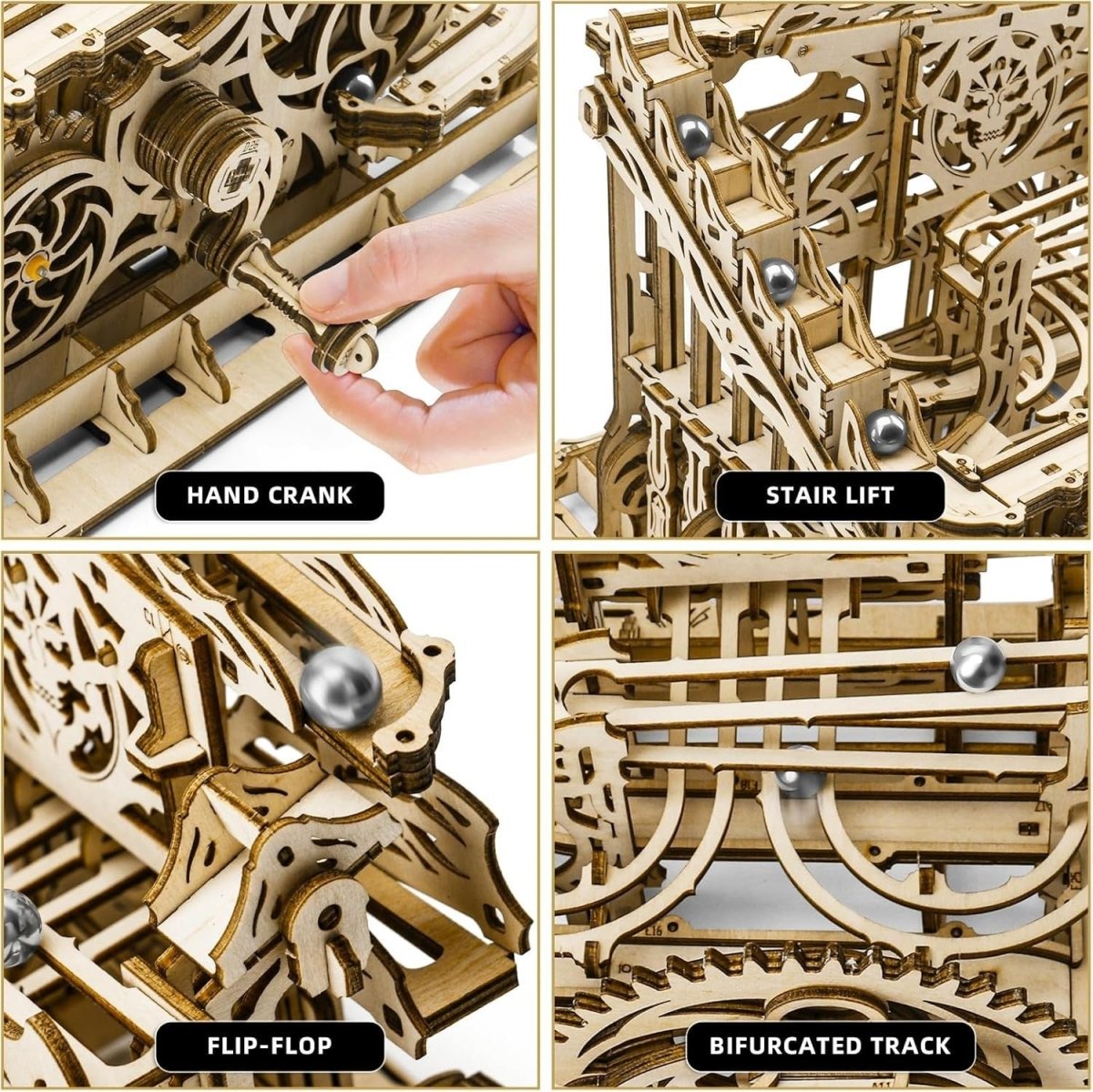 3D Wooden Marble Run Puzzle Mechanical Model Kit Hand Crank DIY Build - Kwikley