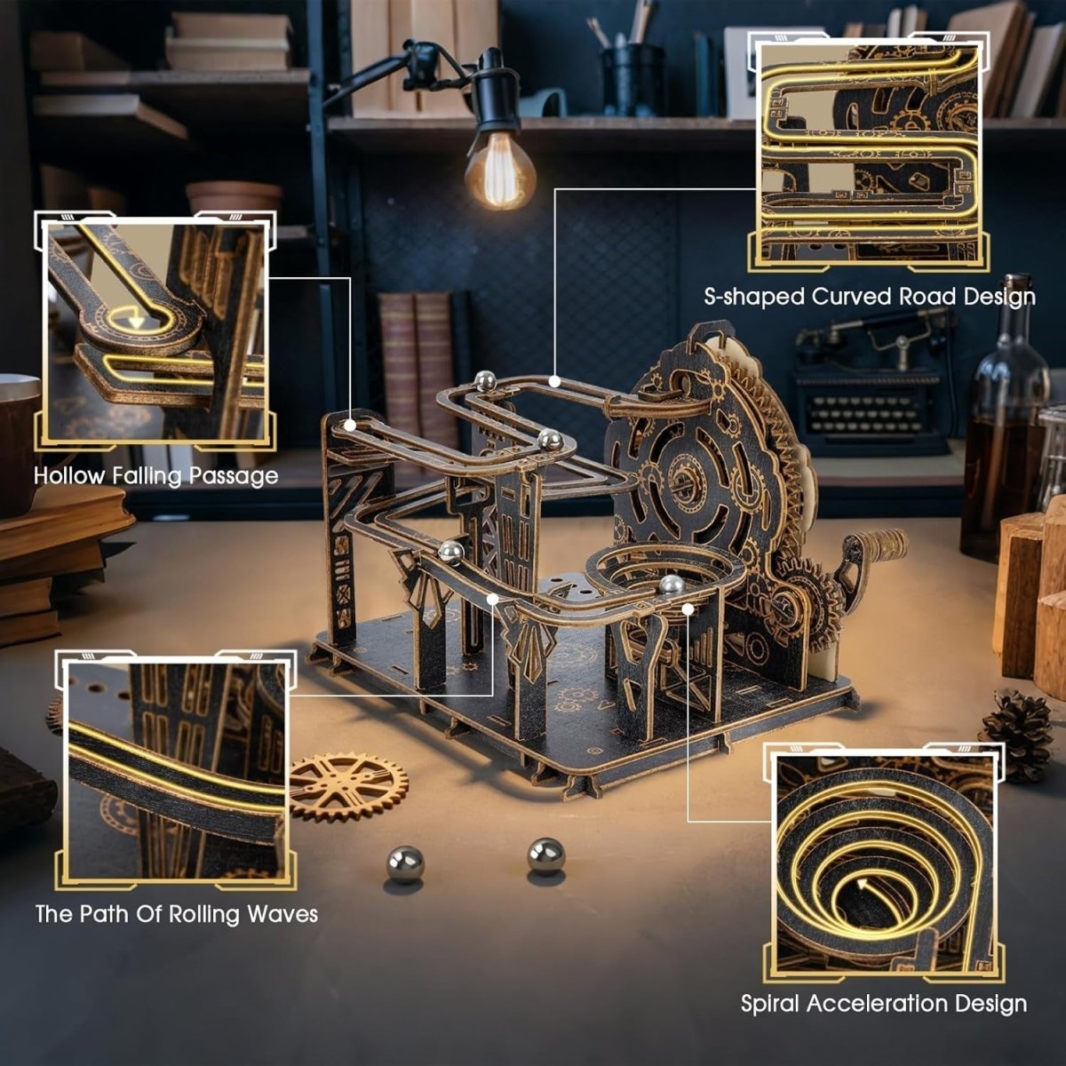3D Wooden Marble Run Puzzle Mechanical Model Kit STEM Desk Decor - Kwikley