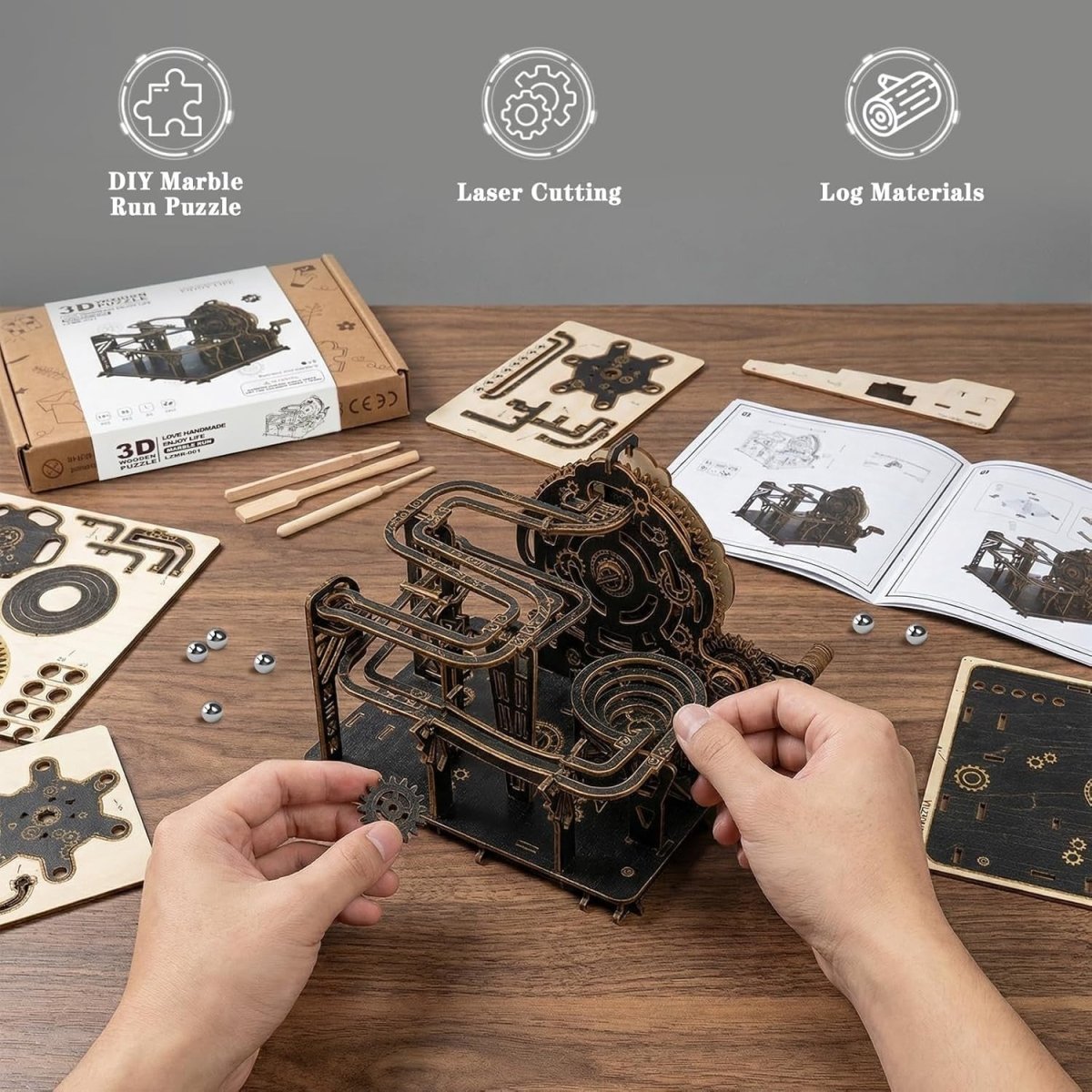 3D Wooden Marble Run Puzzle Mechanical Model Kit STEM Desk Decor - Kwikley