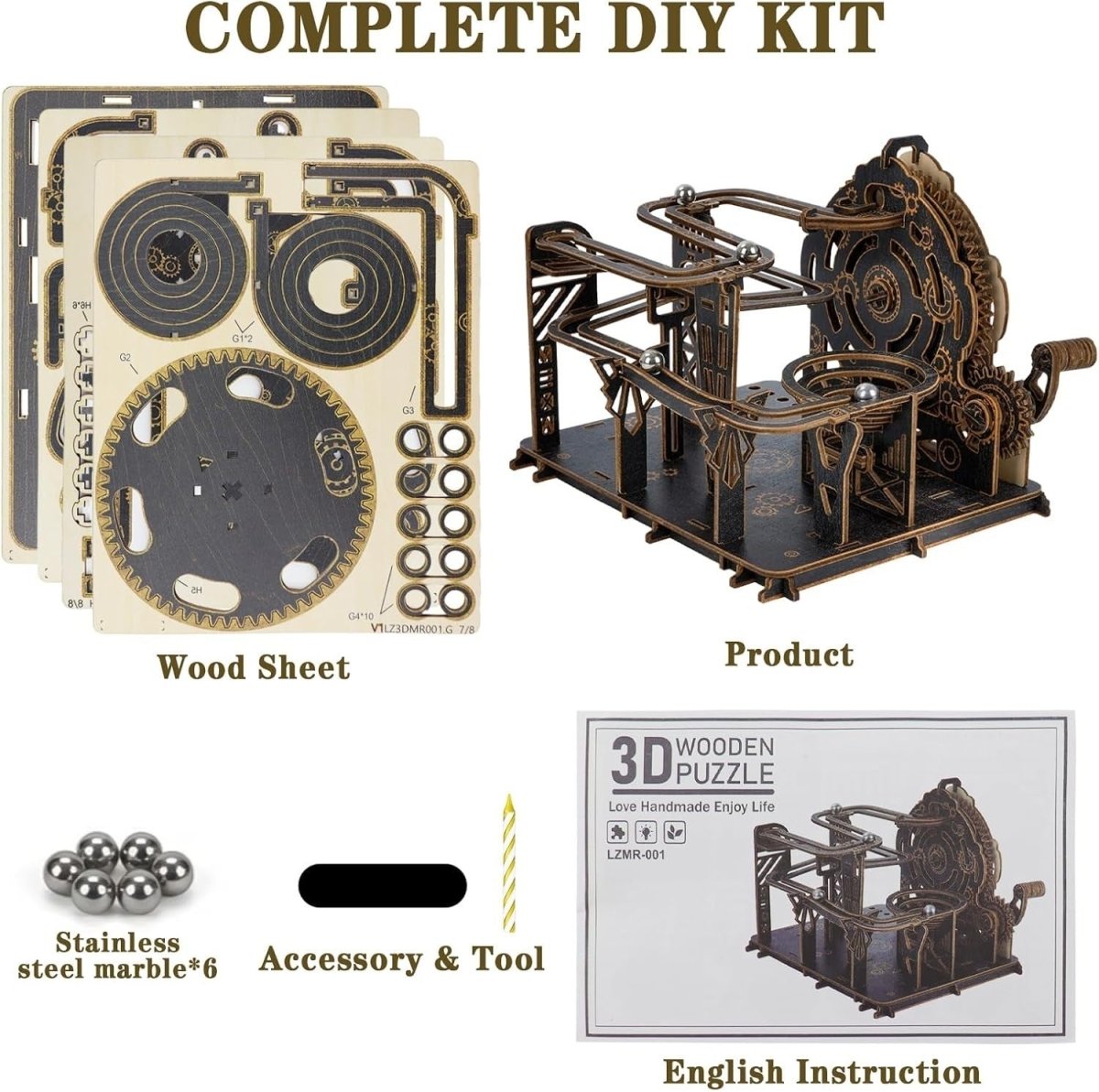 3D Wooden Marble Run Puzzle Mechanical Model Kit STEM Desk Decor - Kwikley