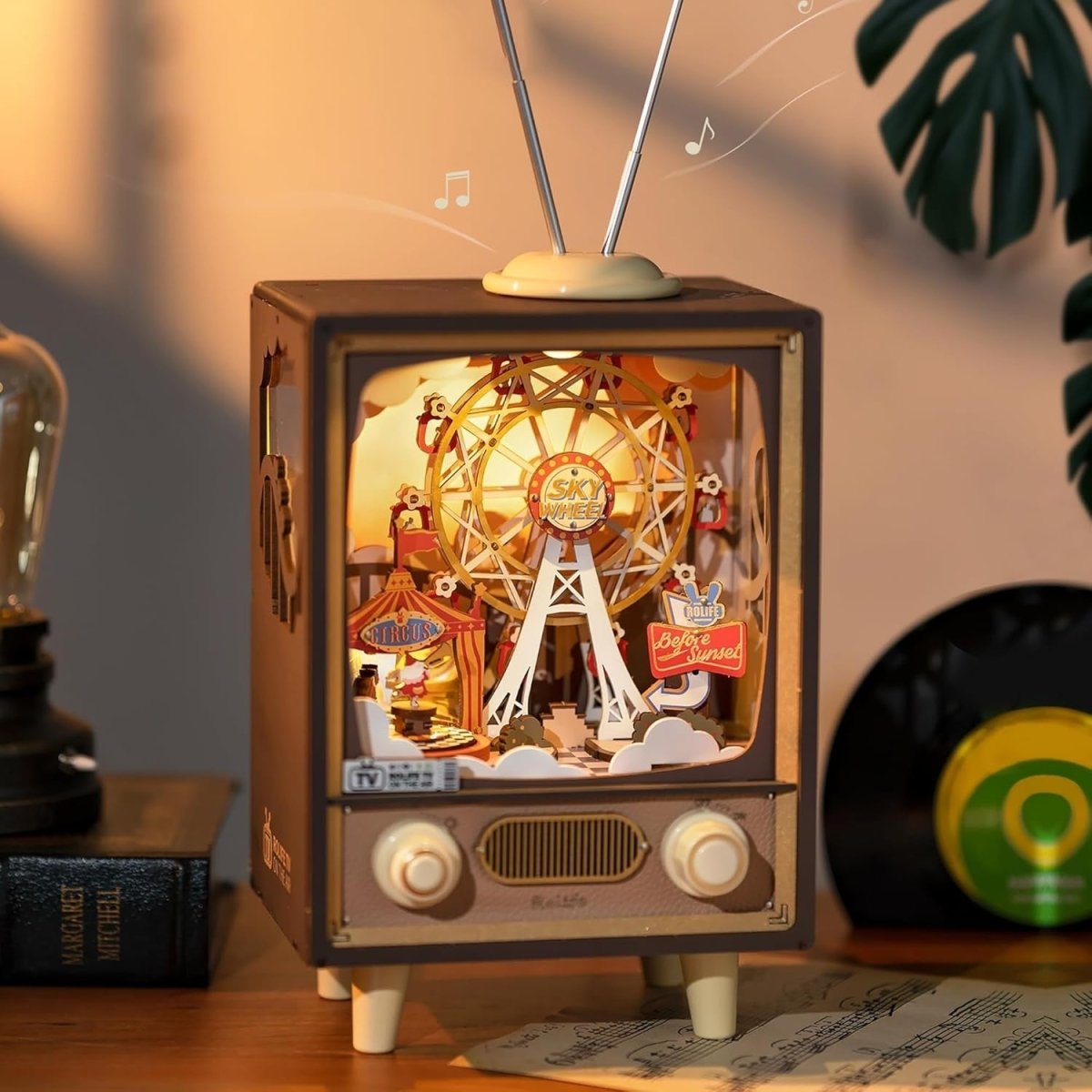 3D Wooden Music Box Puzzle Retro TV LED Night Light DIY Model Kit Gift - Kwikley