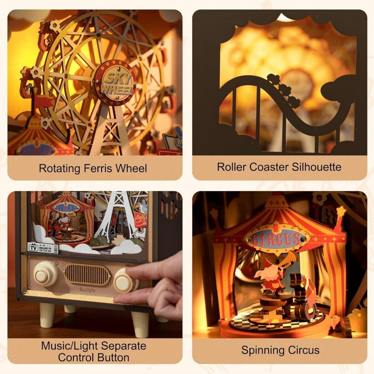 3D Wooden Music Box Puzzle Retro TV LED Night Light DIY Model Kit Gift - Kwikley