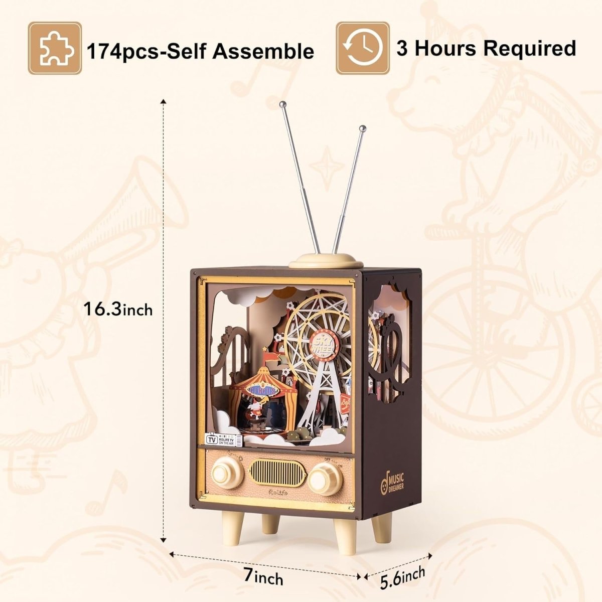 3D Wooden Music Box Puzzle Retro TV LED Night Light DIY Model Kit Gift - Kwikley