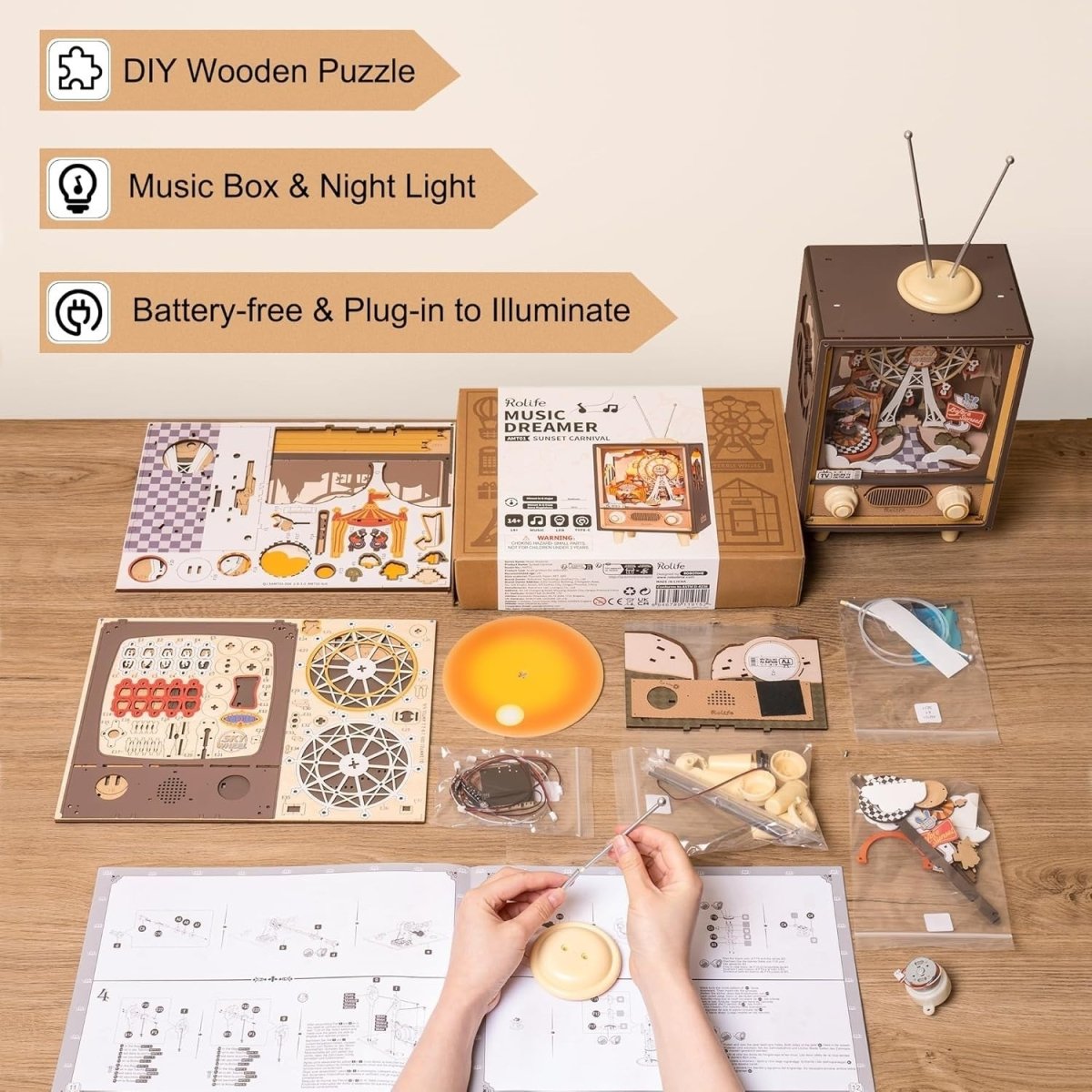 3D Wooden Music Box Puzzle Retro TV LED Night Light DIY Model Kit Gift - Kwikley