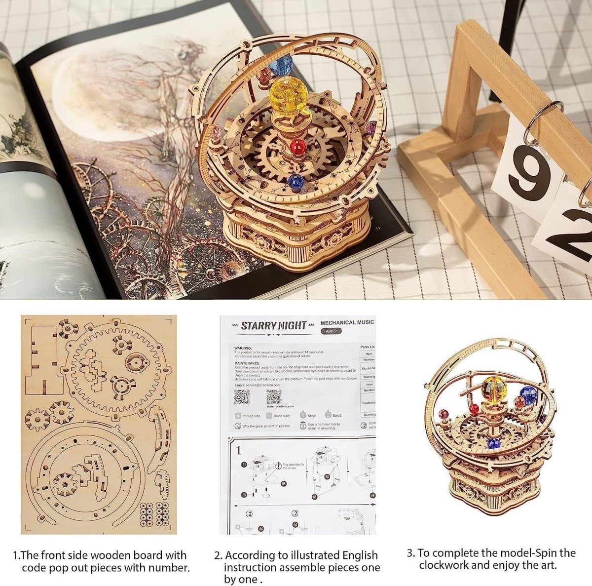 3D Wooden Music Box Puzzle Starry Night Mechanical DIY Model Kit - Kwikley